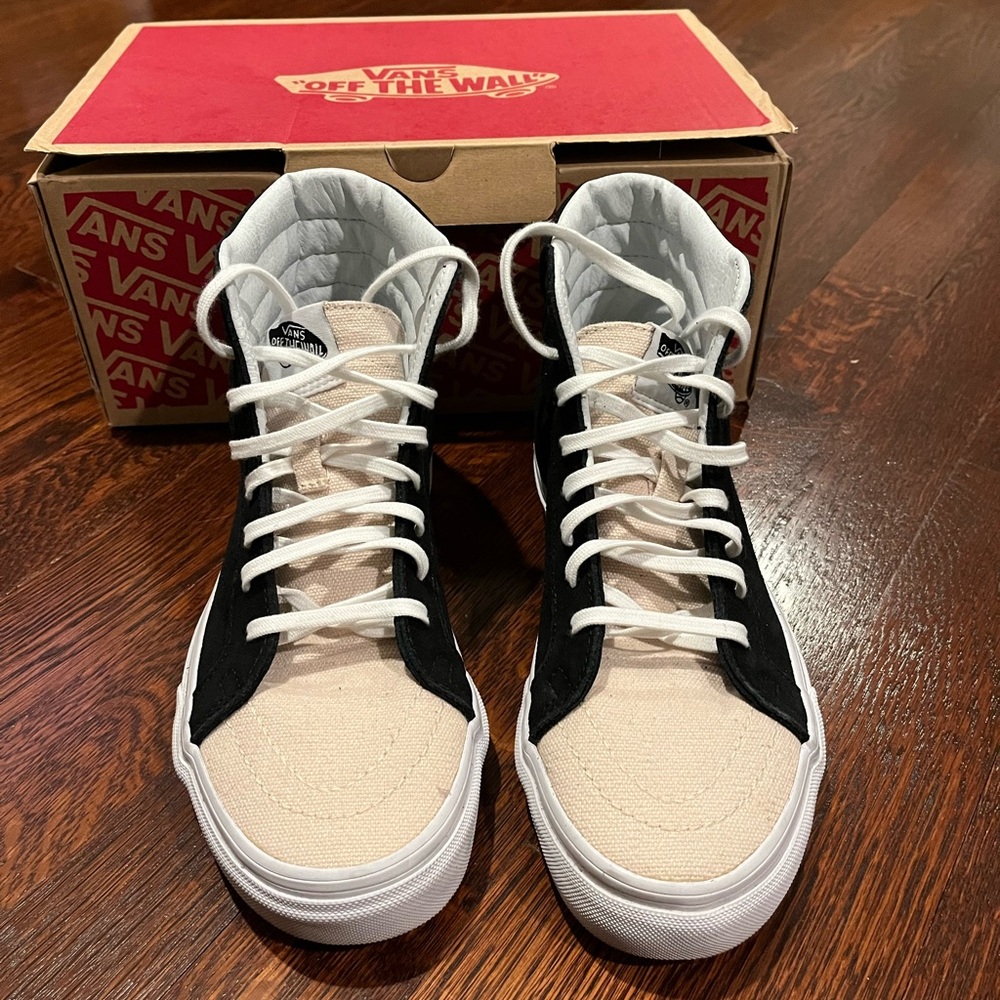 Vans Black and Cream High-Top Sneakers